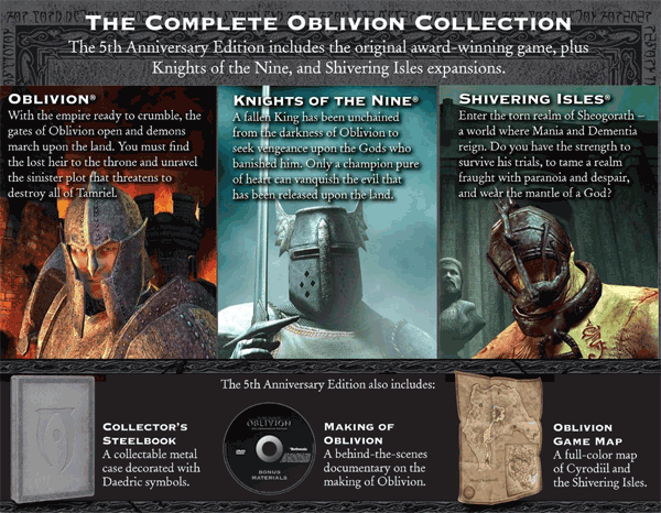 Oblivion 5th Anniversary Edition Contents